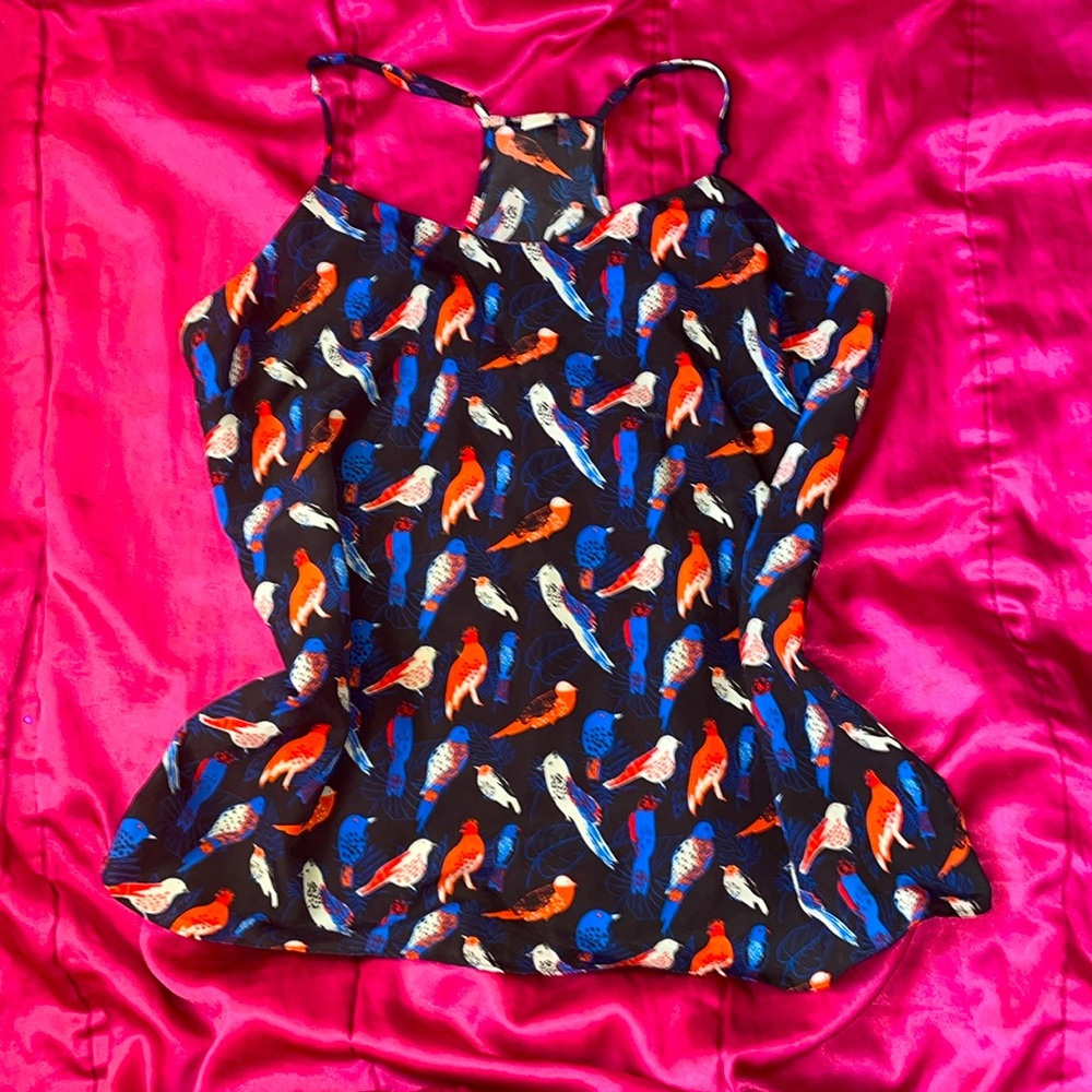J. Crew Black Peplum Tank with Red, Blue and White Bird Print